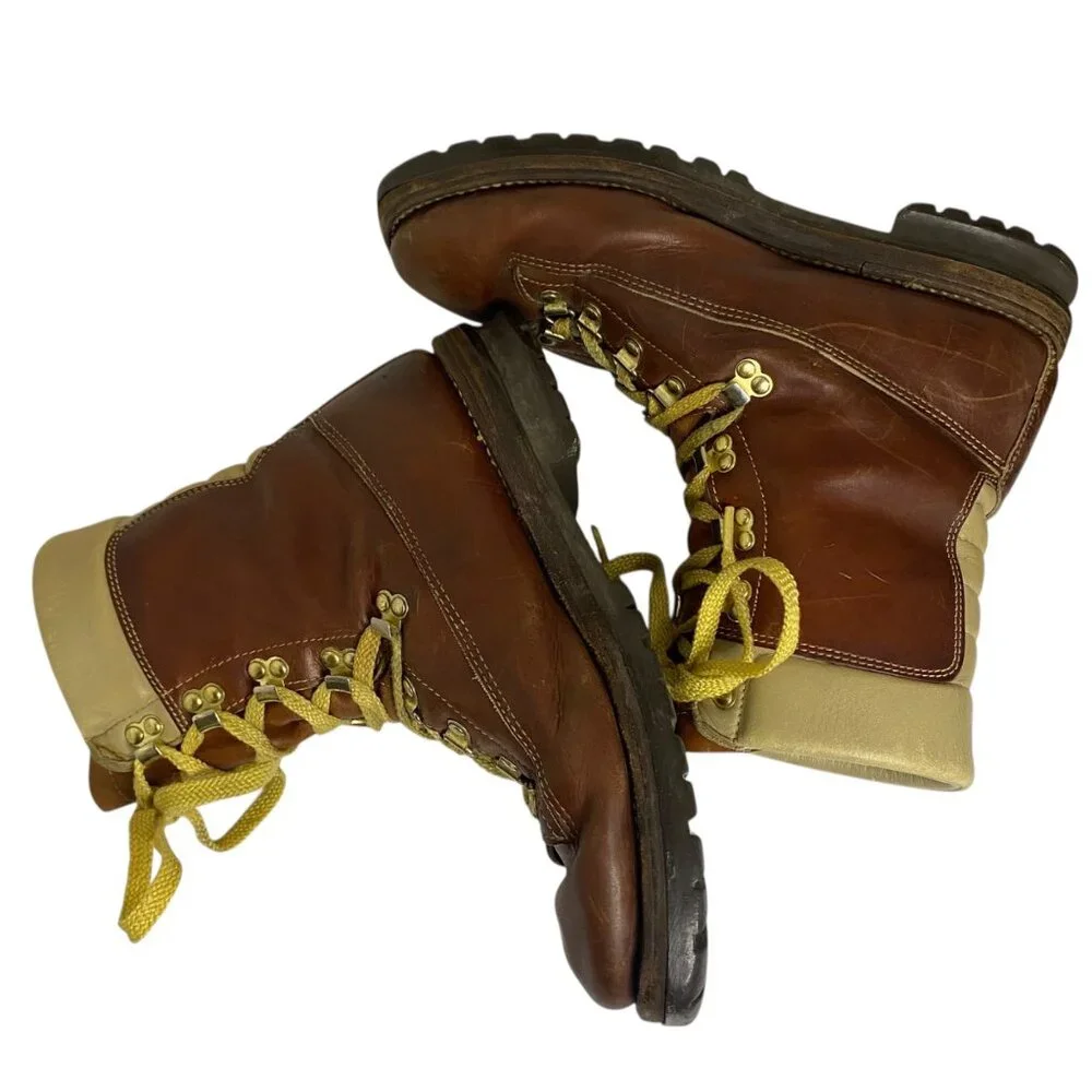 Vintage Genuine Sherpa‎ Lined Brown Leather Hiking Boots Lace Up Men 8.5EE